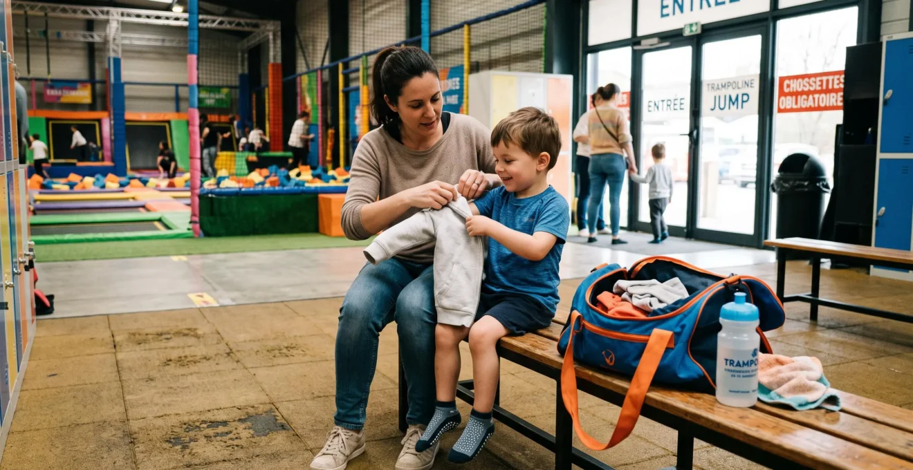 Une mère aide son enfant à retirer sa Sweat dans l'entrée d'un parc de trampolines.