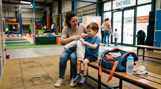 Une mère aide son enfant à retirer sa Sweat dans l'entrée d'un parc de trampolines.