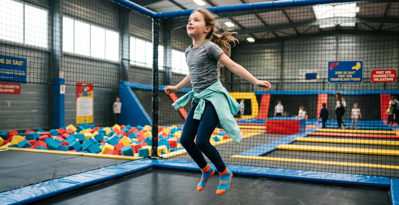 Une fillette en tenue légère et chaussettes antidérapantes saute sur un trampoline indoor.