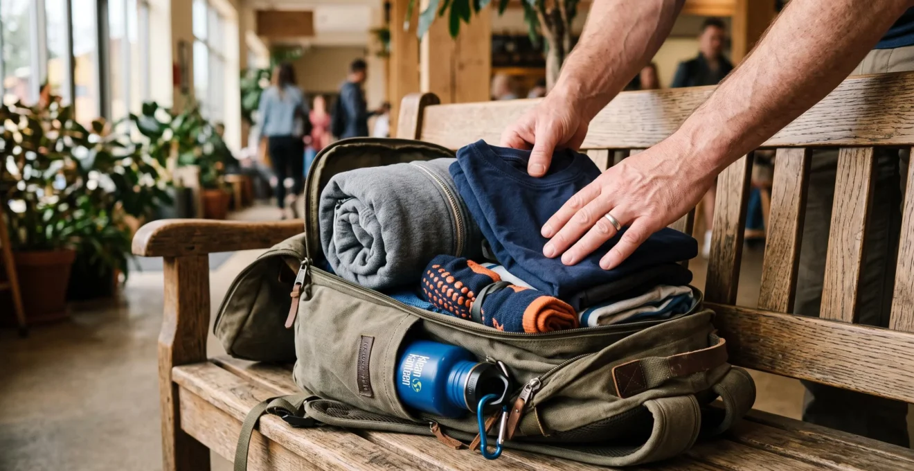 Un parent range des vêtements de rechange et des chaussettes antidérapantes dans un sac.